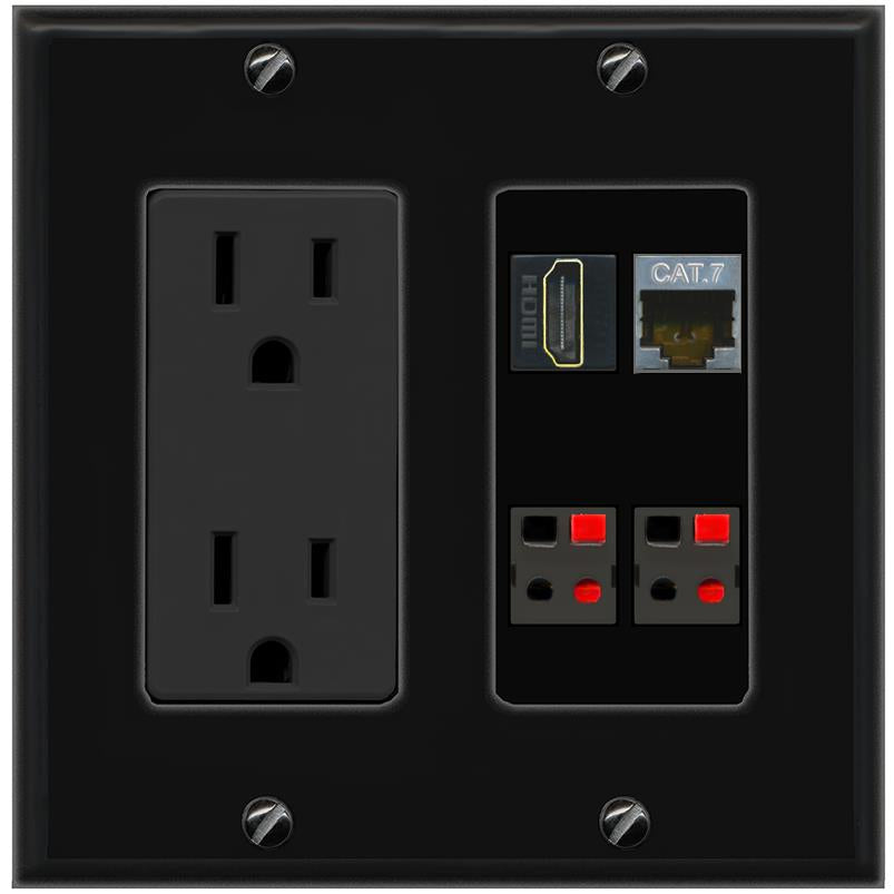 RiteAV CAT7 HDMI 2 SPEAKER Wall Plate with 15A Power Outlet [Black]
