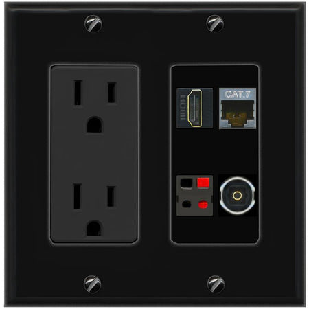 RiteAV CAT7 HDMI SPEAKER TOSLINK Wall Plate with 15A Power Outlet [Black]