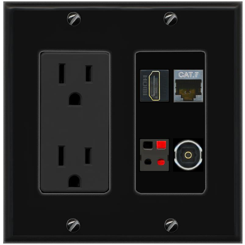 RiteAV CAT7 HDMI SPEAKER TOSLINK Wall Plate with 15A Power Outlet [Black]