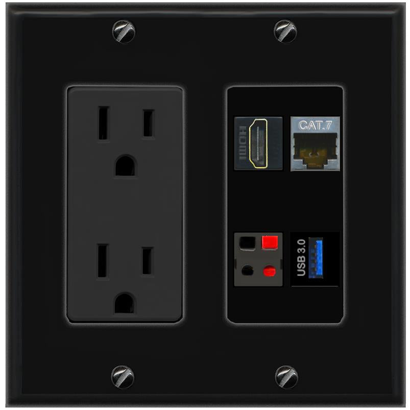 RiteAV CAT7 HDMI SPEAKER USB-3 Wall Plate with 15A Power Outlet [Black]