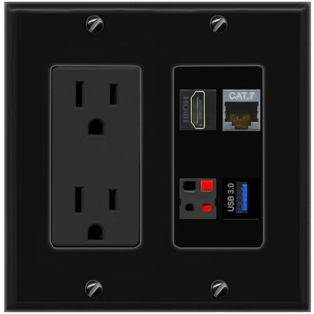 RiteAV CAT7 HDMI SPEAKER USB-3 Wall Plate with 15A Power Outlet [Black]