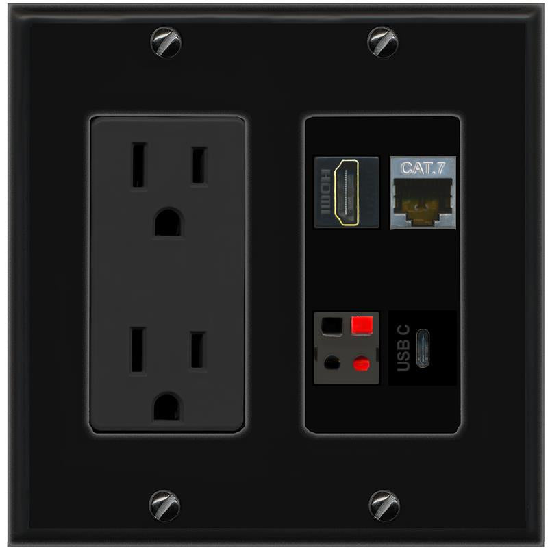 RiteAV CAT7 HDMI SPEAKER USBC Wall Plate with 15A Power Outlet [Black]