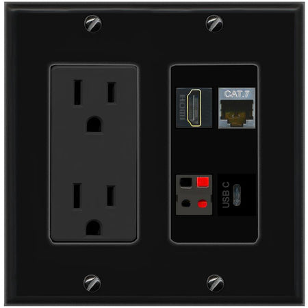 RiteAV CAT7 HDMI SPEAKER USBC Wall Plate with 15A Power Outlet [Black]
