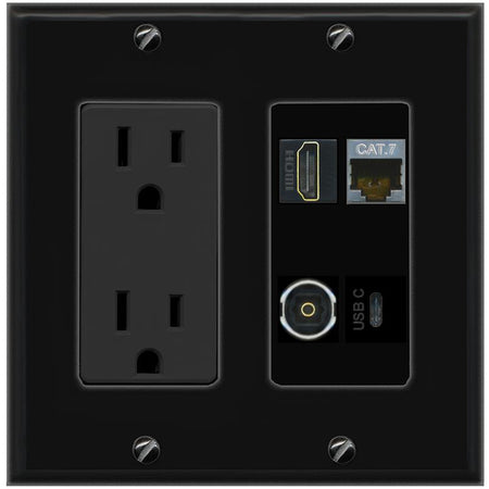 RiteAV CAT7 HDMI TOSLINK USBC Wall Plate with 15A Power Outlet [Black]