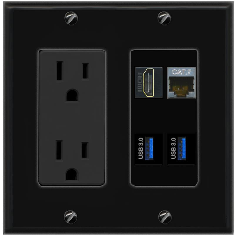RiteAV CAT7 HDMI 2 USB-3 Wall Plate with 15A Power Outlet [Black]