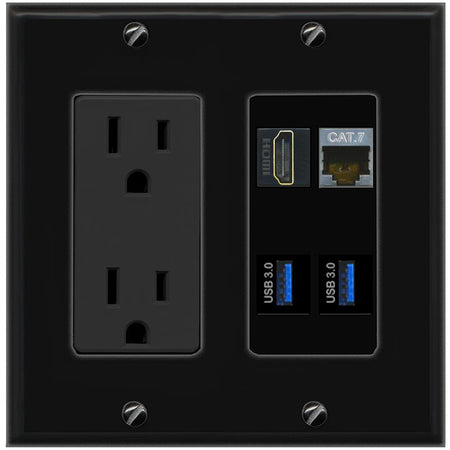 RiteAV CAT7 HDMI 2 USB-3 Wall Plate with 15A Power Outlet [Black]