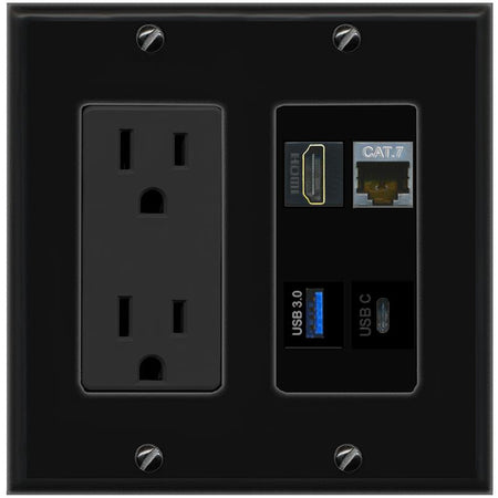 RiteAV CAT7 HDMI USB-3 USBC Wall Plate with 15A Power Outlet [Black]