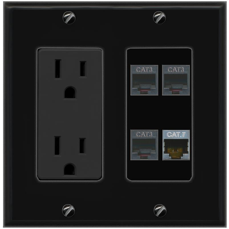RiteAV CAT7 3 PHONE Wall Plate with 15A Power Outlet [Black]