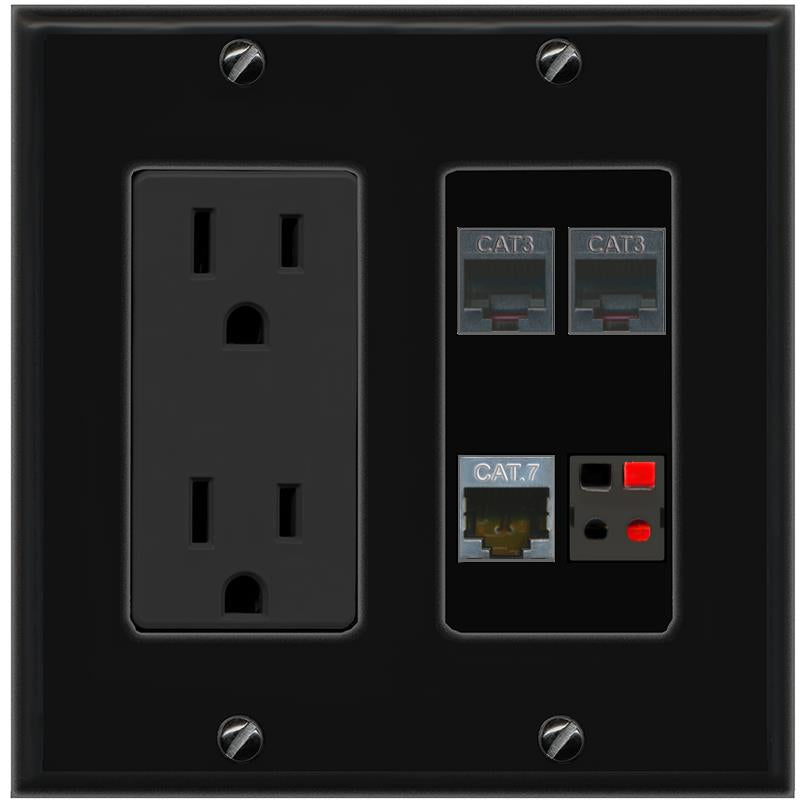RiteAV CAT7 2 PHONE SPEAKER Wall Plate with 15A Power Outlet [Black]