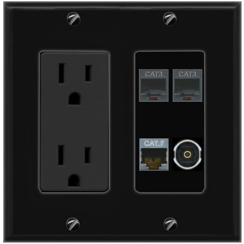 RiteAV CAT7 2 PHONE TOSLINK Wall Plate with 15A Power Outlet [Black]