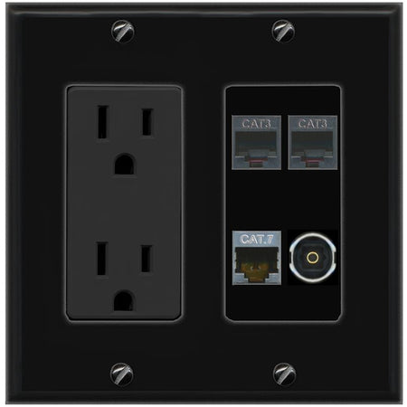 RiteAV CAT7 2 PHONE TOSLINK Wall Plate with 15A Power Outlet [Black]