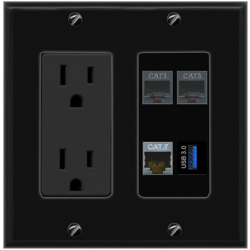 RiteAV CAT7 2 PHONE USB-3 Wall Plate with 15A Power Outlet [Black]