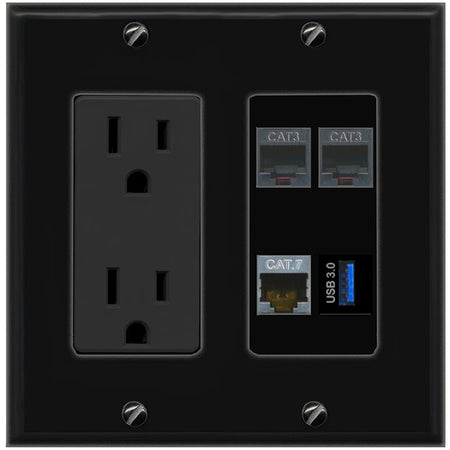 RiteAV CAT7 2 PHONE USB-3 Wall Plate with 15A Power Outlet [Black]