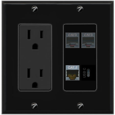 RiteAV CAT7 2 PHONE USBC Wall Plate with 15A Power Outlet [Black]