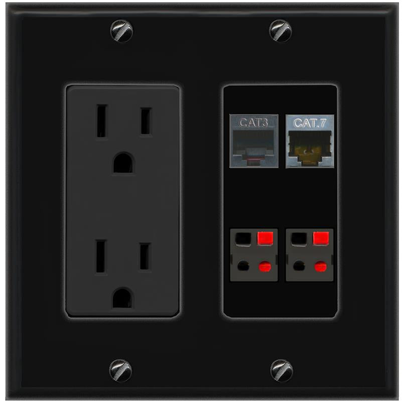 RiteAV CAT7 PHONE 2 SPEAKER Wall Plate with 15A Power Outlet [Black]