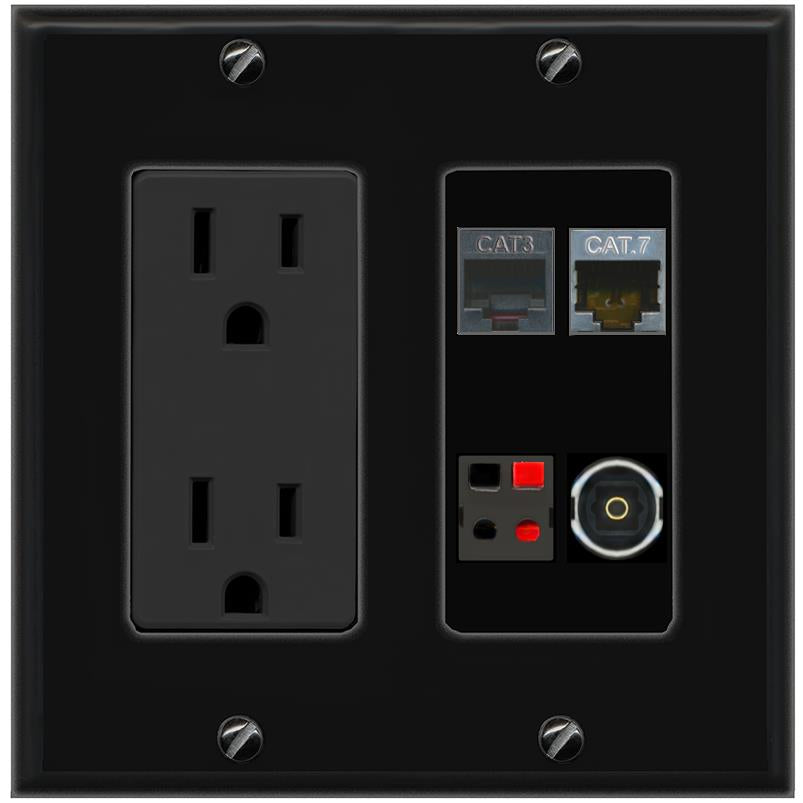 RiteAV CAT7 PHONE SPEAKER TOSLINK Wall Plate with 15A Power Outlet [Black]