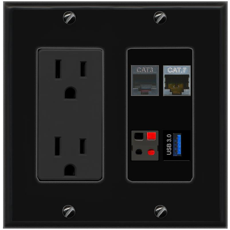 RiteAV CAT7 PHONE SPEAKER USB-3 Wall Plate with 15A Power Outlet [Black]