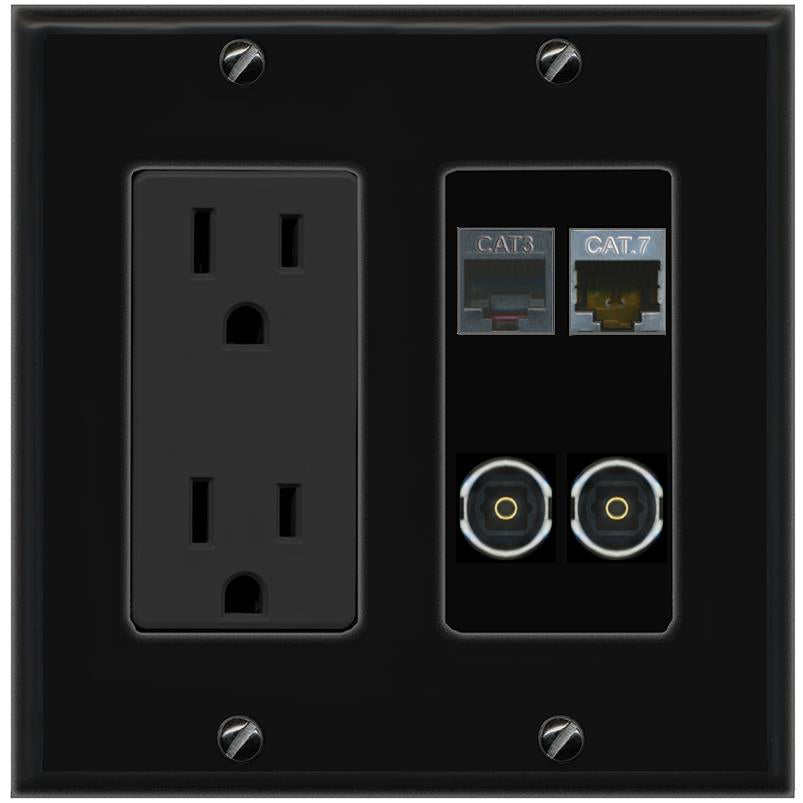 RiteAV CAT7 PHONE 2 TOSLINK Wall Plate with 15A Power Outlet [Black]