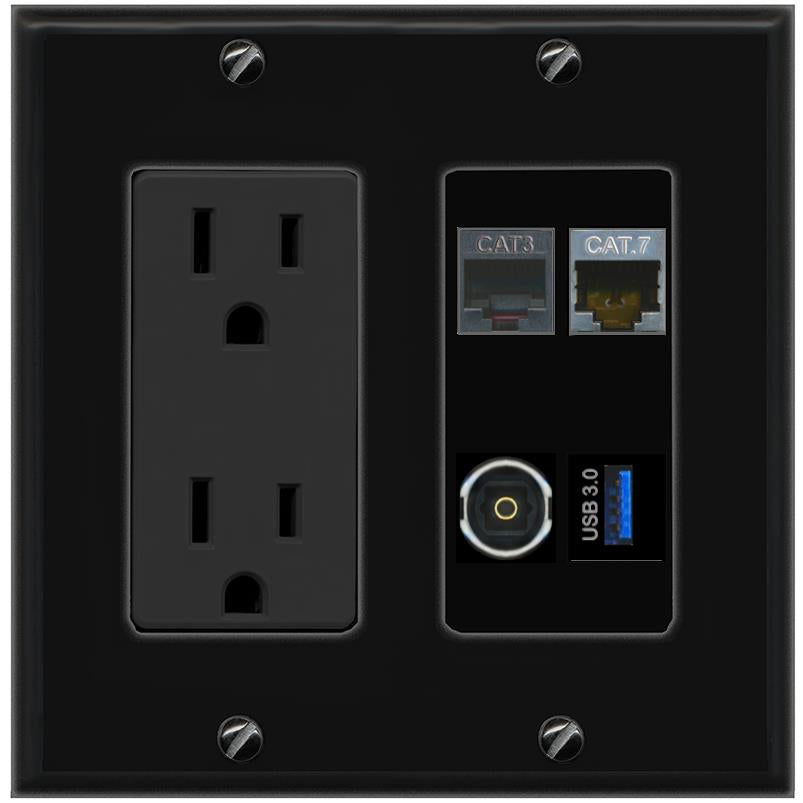 RiteAV CAT7 PHONE TOSLINK USB-3 Wall Plate with 15A Power Outlet [Black]