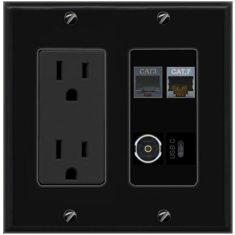 RiteAV CAT7 PHONE TOSLINK USBC Wall Plate with 15A Power Outlet [Black]