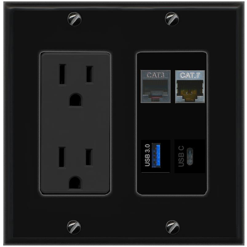 RiteAV CAT7 PHONE USB-3 USBC Wall Plate with 15A Power Outlet [Black]