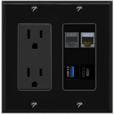 RiteAV CAT7 PHONE USB-3 USBC Wall Plate with 15A Power Outlet [Black]