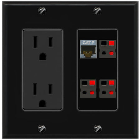 RiteAV CAT7 3 SPEAKER Wall Plate with 15A Power Outlet [Black]