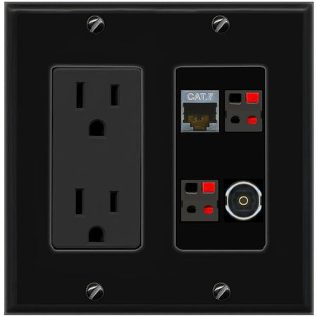RiteAV CAT7 2 SPEAKER TOSLINK Wall Plate with 15A Power Outlet [Black]