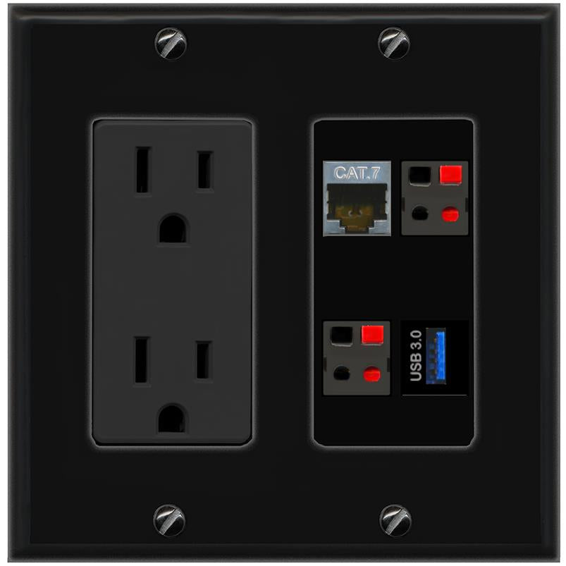 RiteAV CAT7 2 SPEAKER USB-3 Wall Plate with 15A Power Outlet [Black]