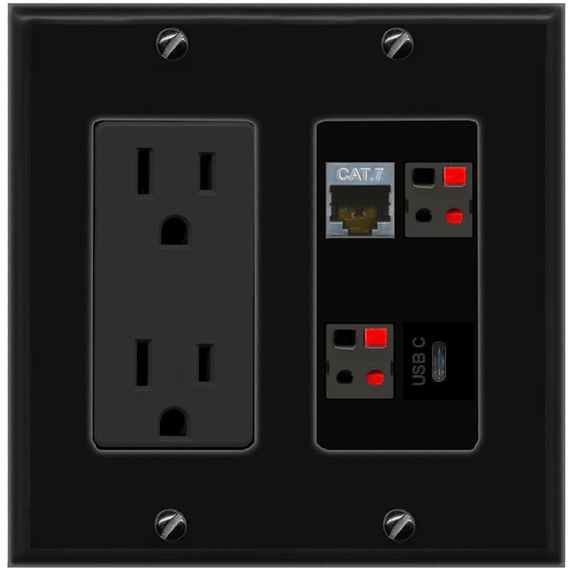 RiteAV CAT7 2 SPEAKER USBC Wall Plate with 15A Power Outlet [Black]