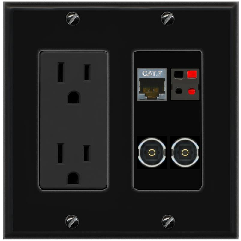 RiteAV CAT7 SPEAKER 2 TOSLINK Wall Plate with 15A Power Outlet [Black]