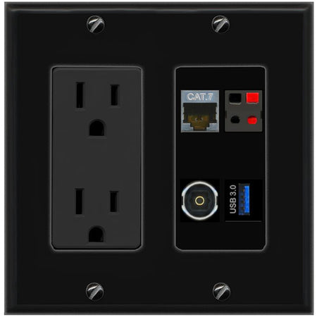 RiteAV CAT7 SPEAKER TOSLINK USB-3 Wall Plate with 15A Power Outlet [Black]