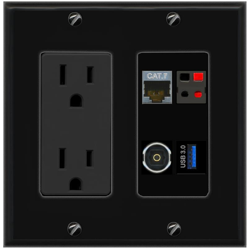 RiteAV CAT7 SPEAKER TOSLINK USB-3 Wall Plate with 15A Power Outlet [Black]