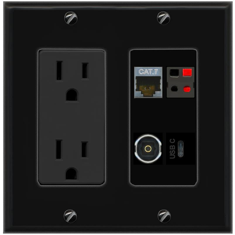 RiteAV CAT7 SPEAKER TOSLINK USBC Wall Plate with 15A Power Outlet [Black]