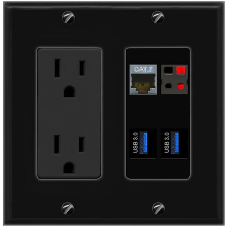 RiteAV CAT7 SPEAKER 2 USB-3 Wall Plate with 15A Power Outlet [Black]