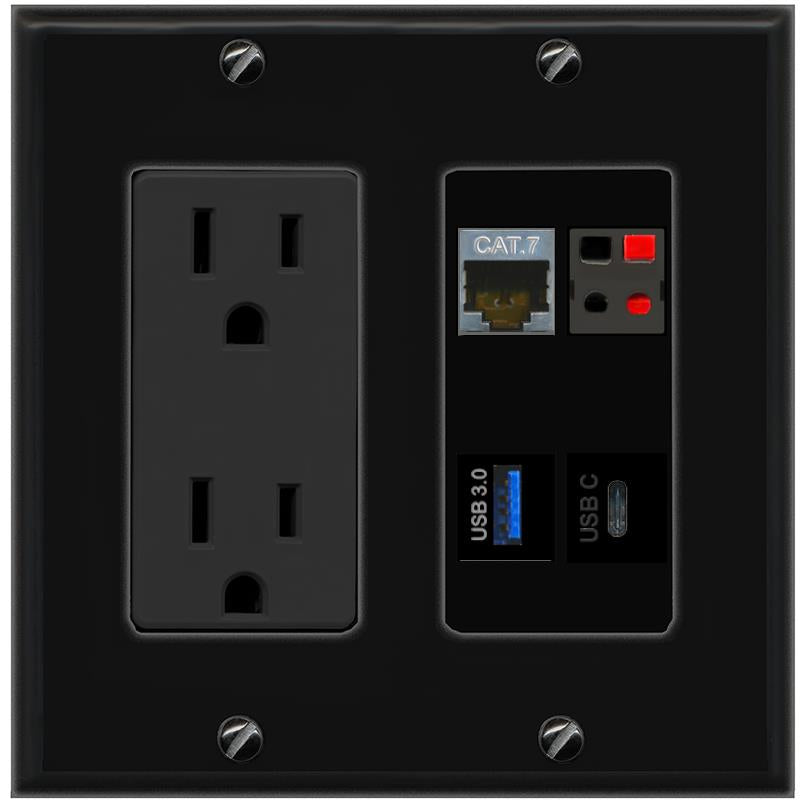 RiteAV CAT7 SPEAKER USB-3 USBC Wall Plate with 15A Power Outlet [Black]
