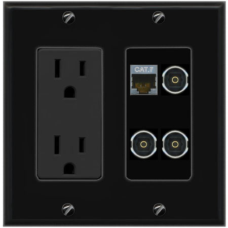 RiteAV CAT7 3 TOSLINK Wall Plate with 15A Power Outlet [Black]