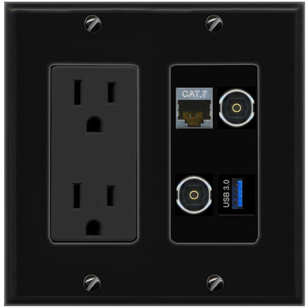 RiteAV CAT7 2 TOSLINK USB-3 Wall Plate with 15A Power Outlet [Black]
