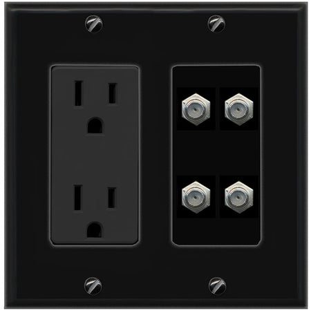 RiteAV 4 COAX Wall Plate with 15A Power Outlet [Black]