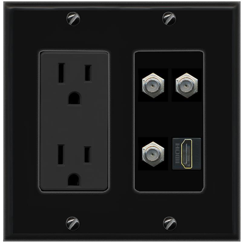 RiteAV 3 COAX HDMI Wall Plate with 15A Power Outlet [Black]