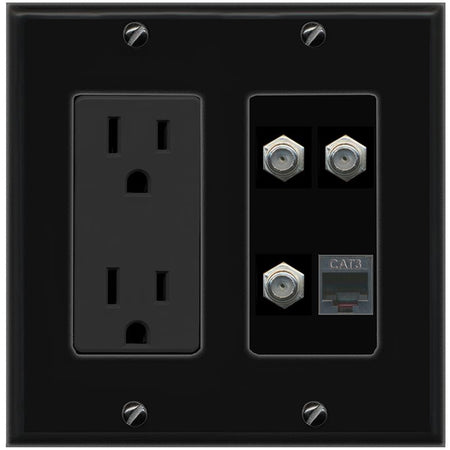 RiteAV 3 COAX PHONE Wall Plate with 15A Power Outlet [Black]