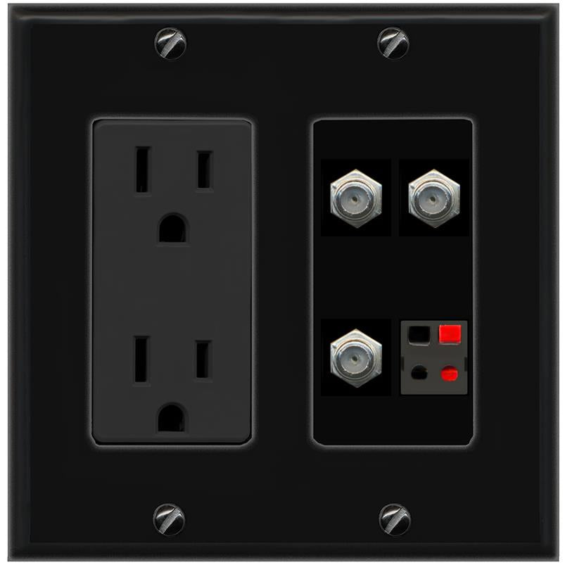 RiteAV 3 COAX SPEAKER Wall Plate with 15A Power Outlet [Black]