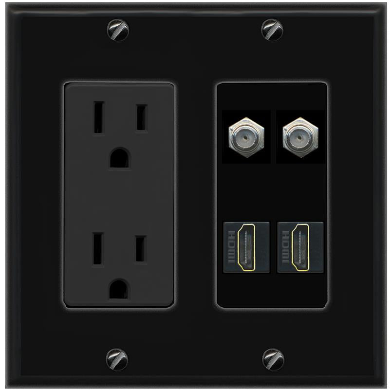 RiteAV 2 COAX 2 HDMI Wall Plate with 15A Power Outlet [Black]