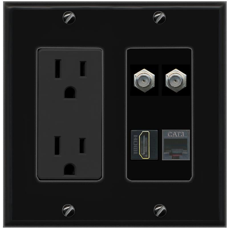 RiteAV 2 COAX HDMI PHONE Wall Plate with 15A Power Outlet [Black]