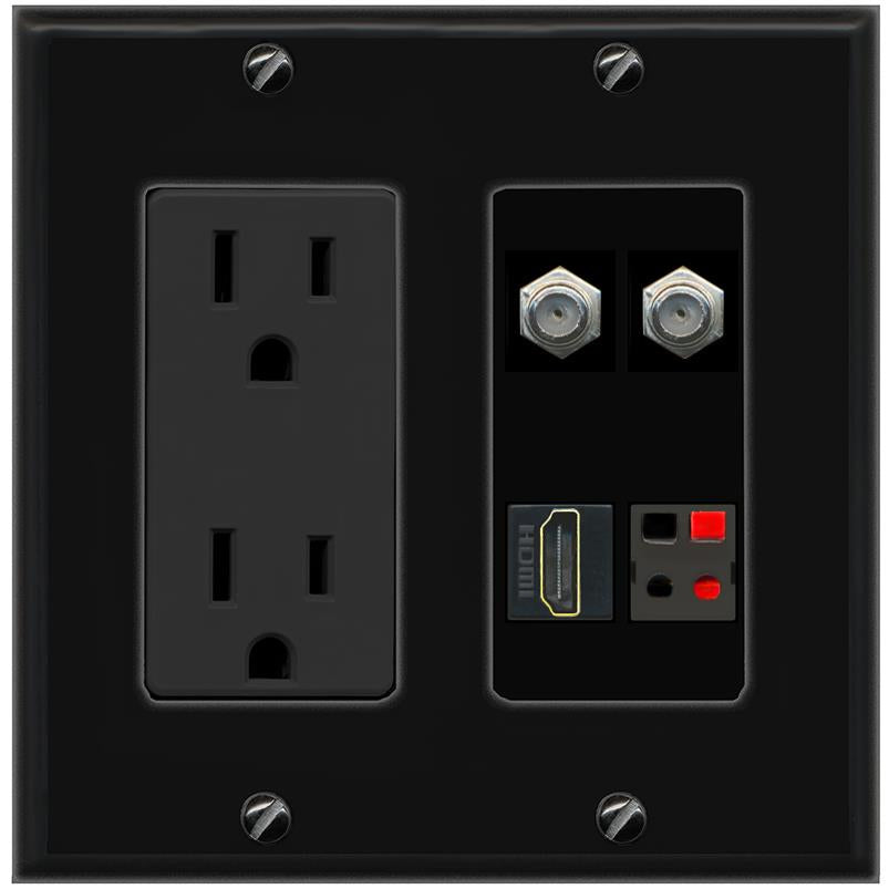 RiteAV 2 COAX HDMI SPEAKER Wall Plate with 15A Power Outlet [Black]