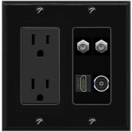 RiteAV 2 COAX HDMI TOSLINK Wall Plate with 15A Power Outlet [Black]