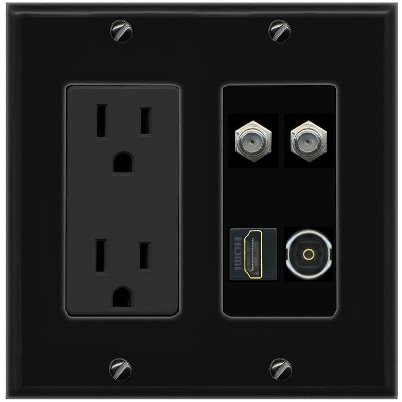 RiteAV 2 COAX HDMI TOSLINK Wall Plate with 15A Power Outlet [Black]