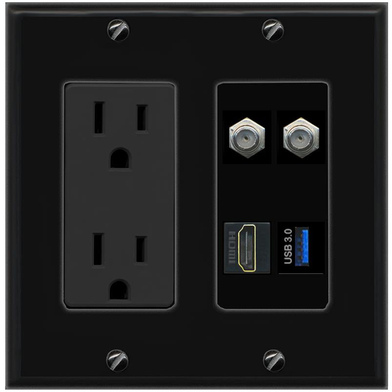 RiteAV 2 COAX HDMI USB-3 Wall Plate with 15A Power Outlet [Black]