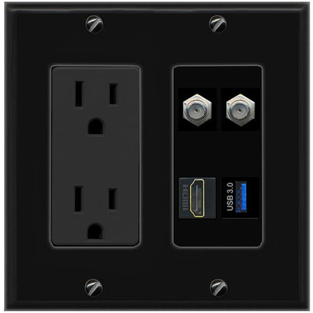 RiteAV 2 COAX HDMI USB-3 Wall Plate with 15A Power Outlet [Black]