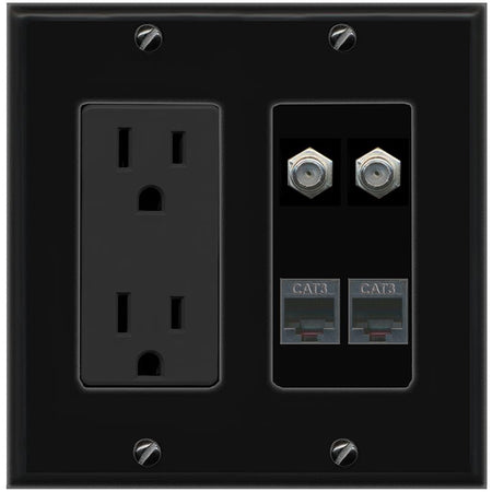 RiteAV 2 COAX 2 PHONE Wall Plate with 15A Power Outlet [Black]